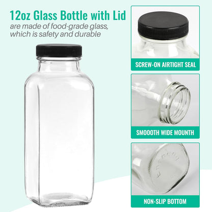 12 oz Glass Juice Bottles with Lids 12 Pack,Reusable Glass Drink Bottles,350ml Water Drinking Jars for Milk,Juicing,Kombucha,Ginger,Beverage Glassware,Juice Drinking Jars