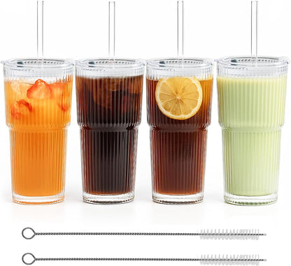 20 oz Ribbed Glass Tumblers with Lids and Straws – Set of 4 Thickened Glassware, Elegant Durable Ribbed Drinking Glasses Bulk for Iced Coffee Cups, Cocktails, Smoothies, Juice, Hot or Cold Beverages