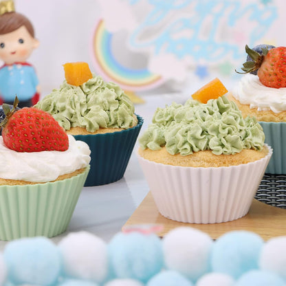 Large Silicone Baking Muffin Cups, 12 Pack Reusable Cupcake Liners Jumbo Size 3.54inch Cake Molds, BPA Free, Dishwasher Safe(White, Green, Navy, Dusty Blue)