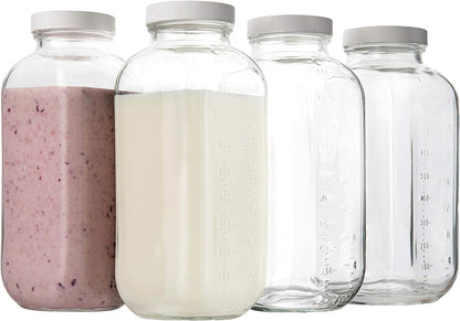 kitchentoolz 32 oz Square Glass Bottles with Plastic Airtight Lids – 4 Pack for Milk, Smoothies, Water, Kombucha, and Broth Storage