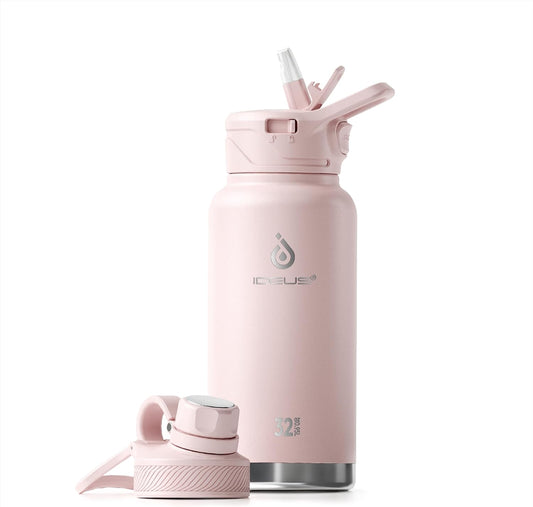 IDEUS Insulated Stainless Steel Water Bottle with 2 Leak-Proof Lids, Thermal Water Flask for Hiking Biking, 32oz, Light Pink
