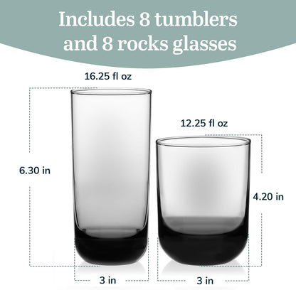 Libbey Polaris Tumbler and Rocks Glass Set, Smoke Hue Drinkware Glasses Set, Lead-Free Tall Water Glasses with Modern Clean Lines, Dishwasher Safe Drinking Glasses Set of 16