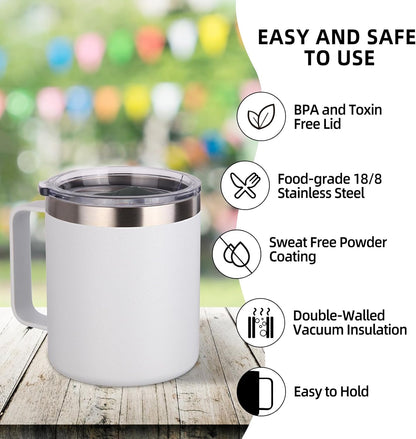 Volhoply 14oz Insulated Stainless Steel Coffee Mug with Lid Bulk 4 Pack,Not Suitable for Sublimation,Double Wall Vacuum Travel Coffee Cup with Handle, Reusable Metal Camping Mugs Keep Cold(White,4)