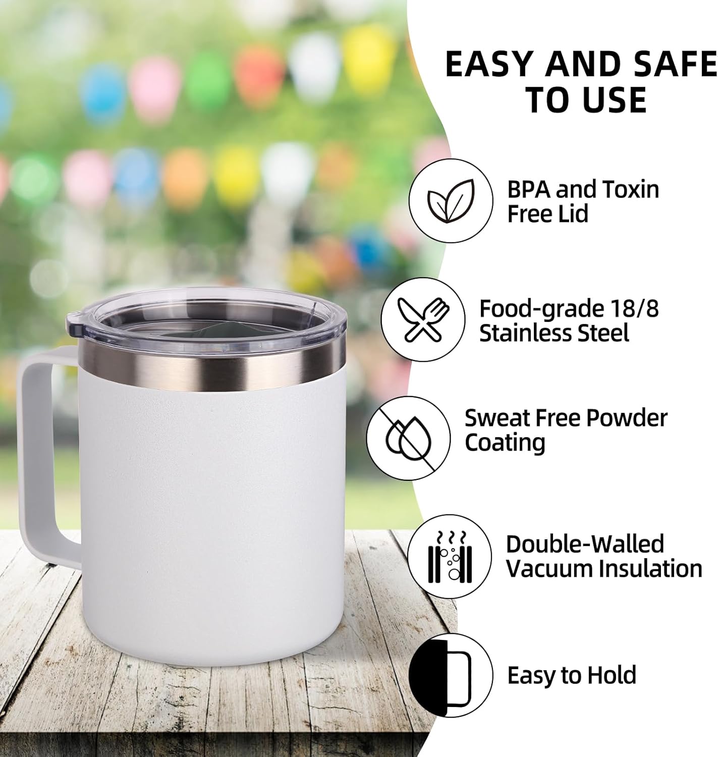 Volhoply 14oz Insulated Stainless Steel Coffee Mug with Lid Bulk 2 Pack,Double Wall Vacuum Travel Coffee Cup with Handle,Reusable Metal Cups Tumbler,Camping Mugs Keep Hot,Ideal Gifts(White,2)