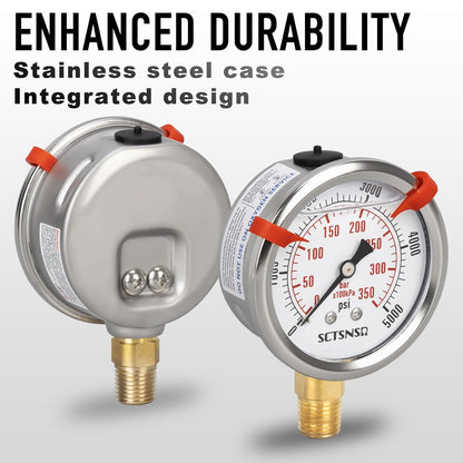 0 to 5000 Psi Hydraulic Pressure Gauge, Glycerin Liquid Filled, 2.5 inch Dial, 1/4" NPT Lower Mount, Stainless Steel Case, for Regulator, HVAC System, Beer Keg, Brew Setup，High Pressure Test