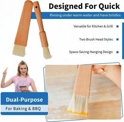 ANGEL’S PEEL LOUNGE Pastry Brush for Baking - Basting Brush with Wooden Handle Flat and Round Heads - Food Brushes for Cooking - Best for BBQ, Egg, Butter, Oil and Sauce – 2 PCS
