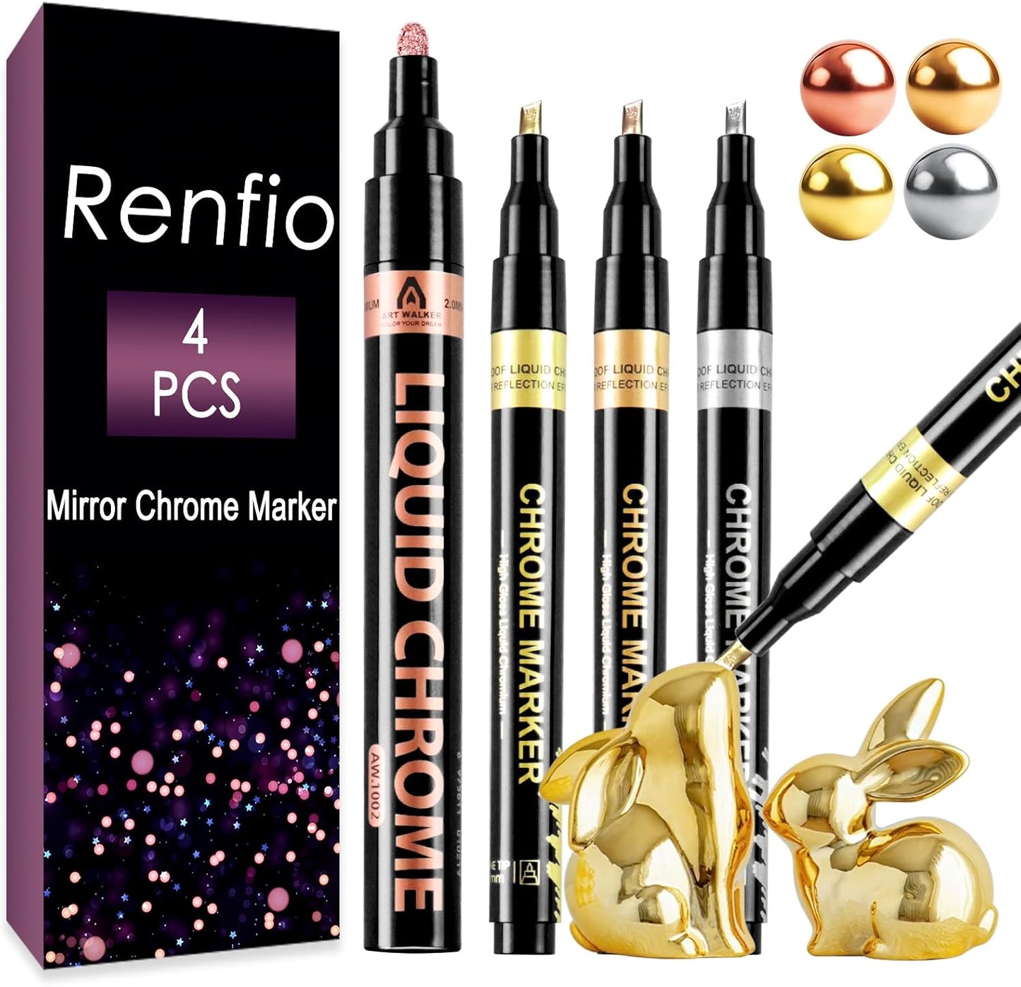 Renfio Chrome Paint Markers, 4 Colors Liquid Chrome Metallic Markers Mirror Repair Liquid Metallic Pen for Repairing Model Painting Resin DIY Craft Coloring (1-3mm) - Silver&Gold&Rose Gold&Copper