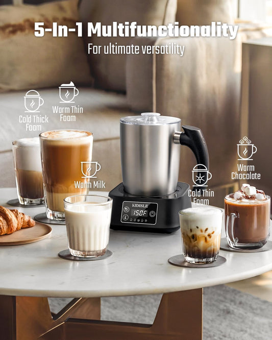 5-in-1 Milk Frother and Steamer, 17oz Detachable Frother with Adjustable Temperature, Stainless Steel Milk Steamer, Hot & Cold Foam Maker for Coffee, Latte, Hot Chocolate, Dishwasher Safe