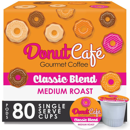 Donut Café - Coffee Gourmet Pods, Classic Blend, Medium Roast – Non-GMO, Gluten Free – Compatible with Keurig K Cup Brewers – Smooth & Delicious – 80 Count