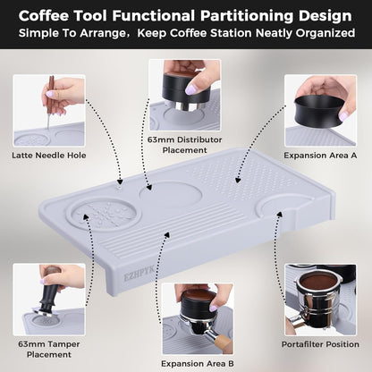 Food Grade Silicone Espresso Tamping Mat for Counter – Multi-Slot Coffee Tamper Mat for Barista Espresso Machine Accessories – Waterproof Neat Tamp Station Coffee Bar Mat for Countertop Gray