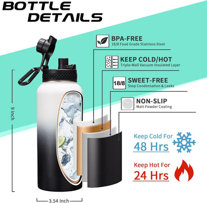32OZ Water Bottle with Straw & Strap, BPA Free Insulated Water Bottle Keeps Cold 48H Hot 24H, Double-Wall Sport Water Bottle with Sleeve Carrier, Stainless Steel Bottle for Kids Men Woman Xmas Gift