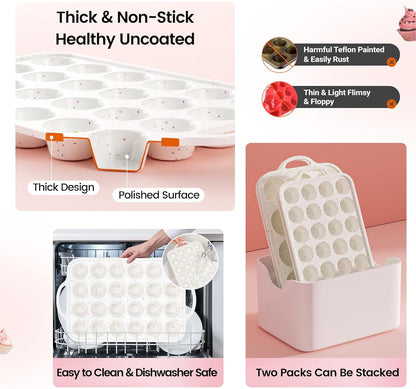 Silicone Mini Muffin Pan With Metal Reinforced Frame - 24 Cups Durable Silicone Cupcake Pan for Muffin, Cupcakes, BPA Free and Dishwasher Safe - 1 Piece Beige with Rainbow Spots