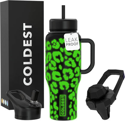 Coldest 40 oz Tumbler with Handle and Straw, 100% Leak Proof Insulated Tumbler with Lid and Straw (3 Lids), Stainless Steel Tumblers for Women & Men, Cup Holder Friendly, 36 oz (Glowie Leopard)