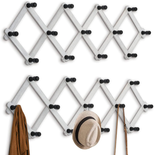 WGFKVAS 2 Pack Expandable Coat Rack, Accordion Wall Hanger, Wooden Hat Rack Wall Mounted, Accordion Hook for Mugs, Cap, Coats, 13 Hooks (Pegs), White
