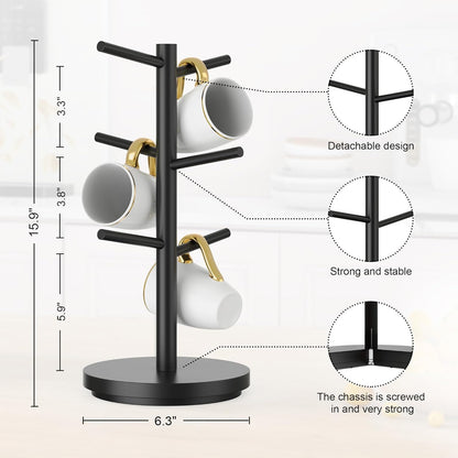 Wisuce Coffee Mug Holder Tree Upgraded 360Rotated Cup Holder for Counter Black Wood Cup Tree Mug Rack Organizer Stand with 6 Hooks for Kitchen Coffee Bar Accessories