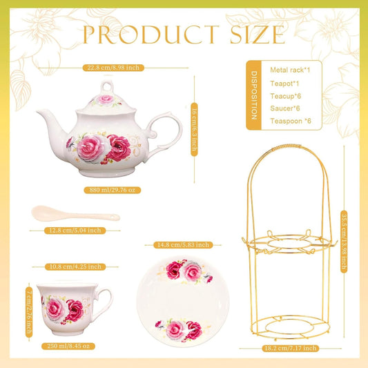 20-Pieces Porcelain Tea Sets For Women, Tea Set For Adult with Golden Metal Rack,Tea Gift Sets for Home&Party(014)