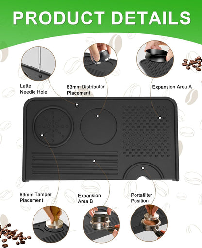 Upgraded Silicone Tamping Mat & Coffee Brush, Durable Tamper Mat Counter Pad, Espresso Machines Acceessories for Home Baristas, Espresso Tamping Station - Black