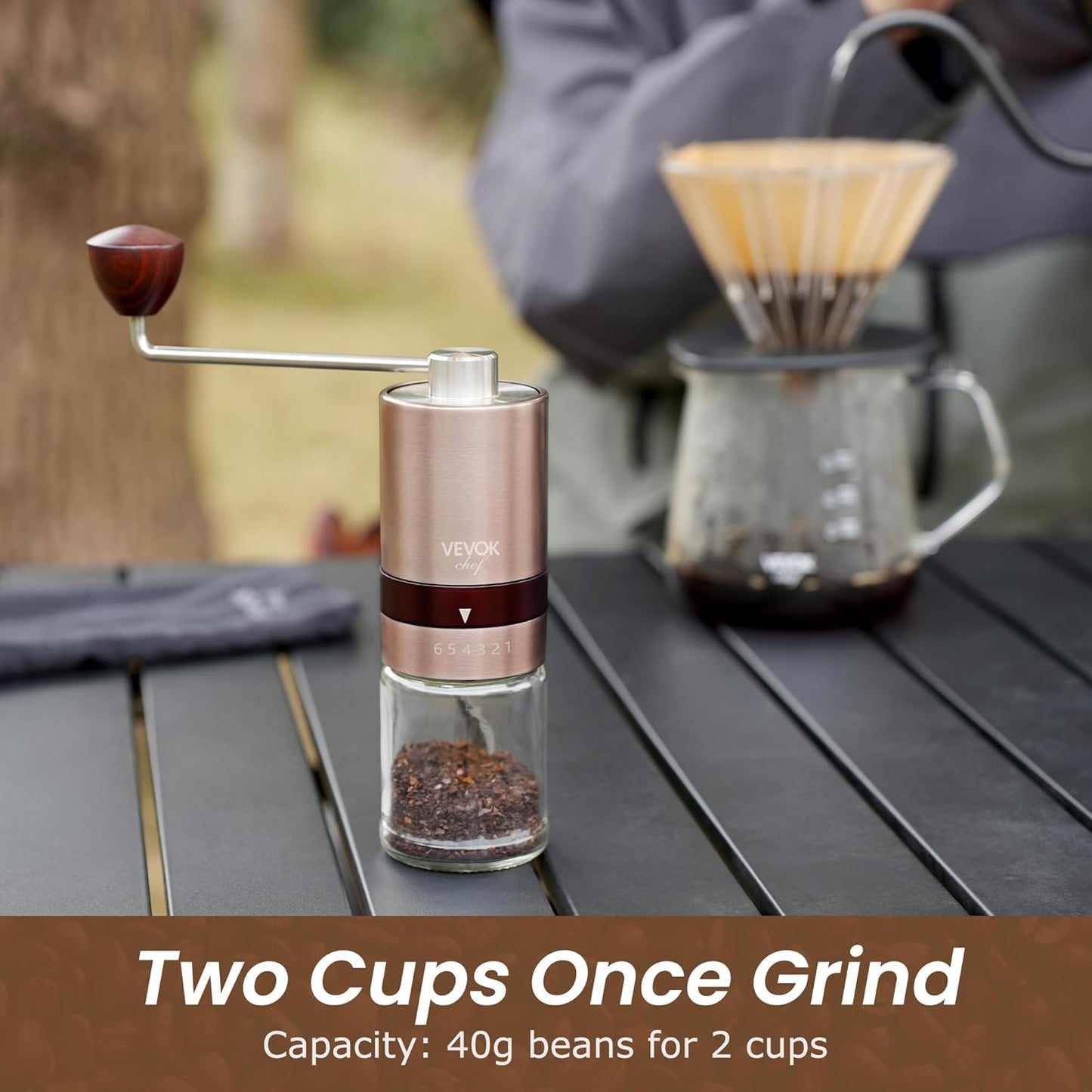 VEVOK CHEF Gold Manual Coffee Grinder Stainless Steel Burr Coffee Grinder with Portable Bag External Adjustable Setting Small Hand Coffee Grinder Ultra Fine for Espresso at Home Morning Coffee