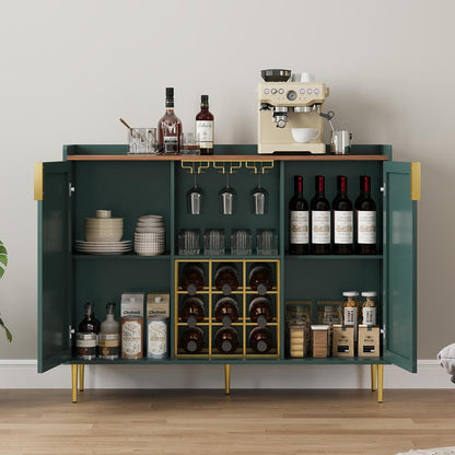 ARTPOWER 48" Wine Bar Cabinet with Fluted Texture, Modern Buffet Sideboard with Wine Rack and Glass Holder, Liquor Coffee Station with Storage for Kitchen, Living Room, Home Bar, Green