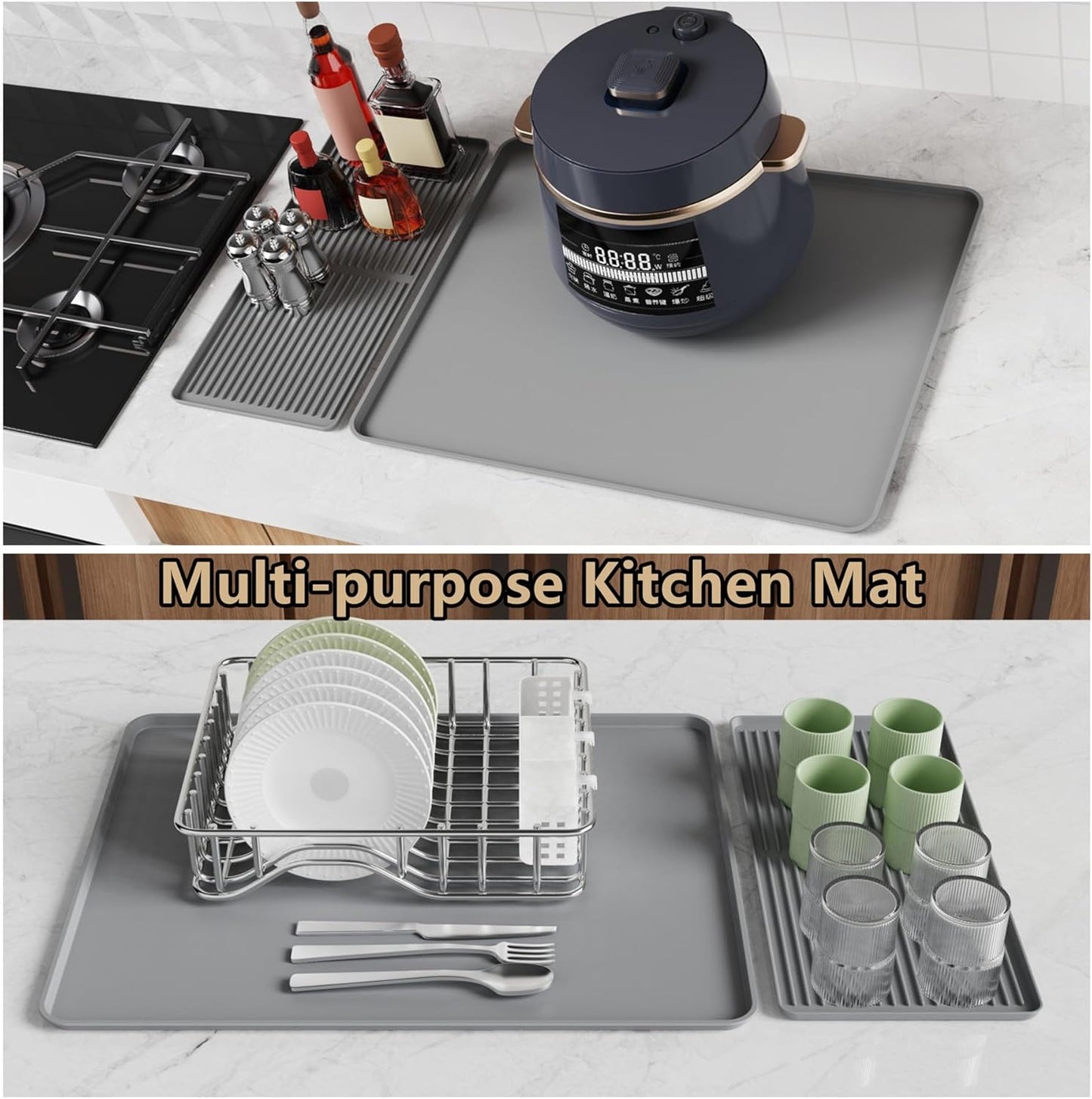 Coffee Bar Mat, Coffee Maker Mat, 24"x16" Silicone Coffee Mat, Spill-Proof, Non-Slip, Heat-Resistant, Fits Under Coffee Maker & Dish Rack (Black, 24"x16")