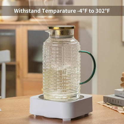 Glass Pitcher with Lid,84 oz/2.5 Liter Vintage Water Pitcher, Clear Borosilicate Glass Water Carafe for Cold Brew, Coffee, Lemonade, Iced Sun Tea, Juice, Beverage, Milk, Heat Resistant
