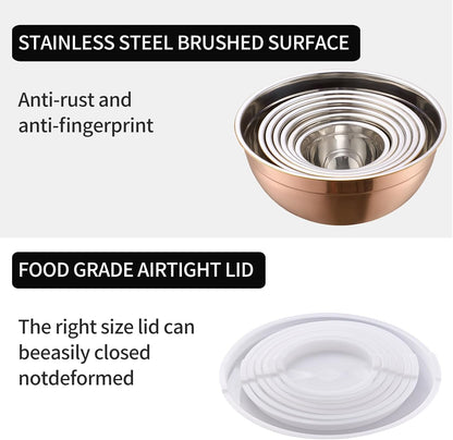 Rose Gold Mixing Bowls with Lids Set of 7, Stainless Steel Nesting Bowl with Khaki Lid for Non-slip Mixing Prepping Storing Serving, 7 Sizes-7/3.6/2.7/2.1/1.5/1/0.8 QT