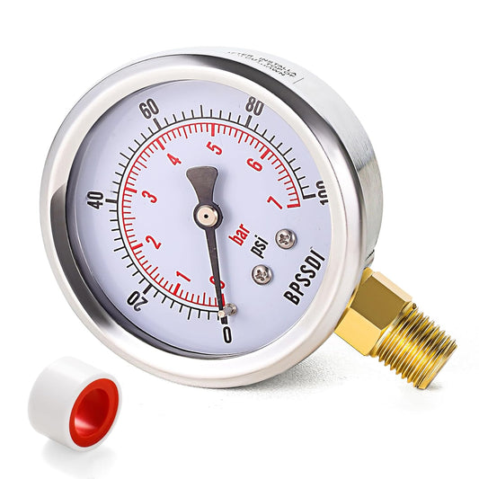0-100 Psi Low Pressure Gauge, 2.5" Dial Size, 1/4" NPT Lower Mount, 304 Stainless Steel Case, Water Pressure Gauge Test for Water Pump, Pneumatic Air, RV Hose(with Tape)