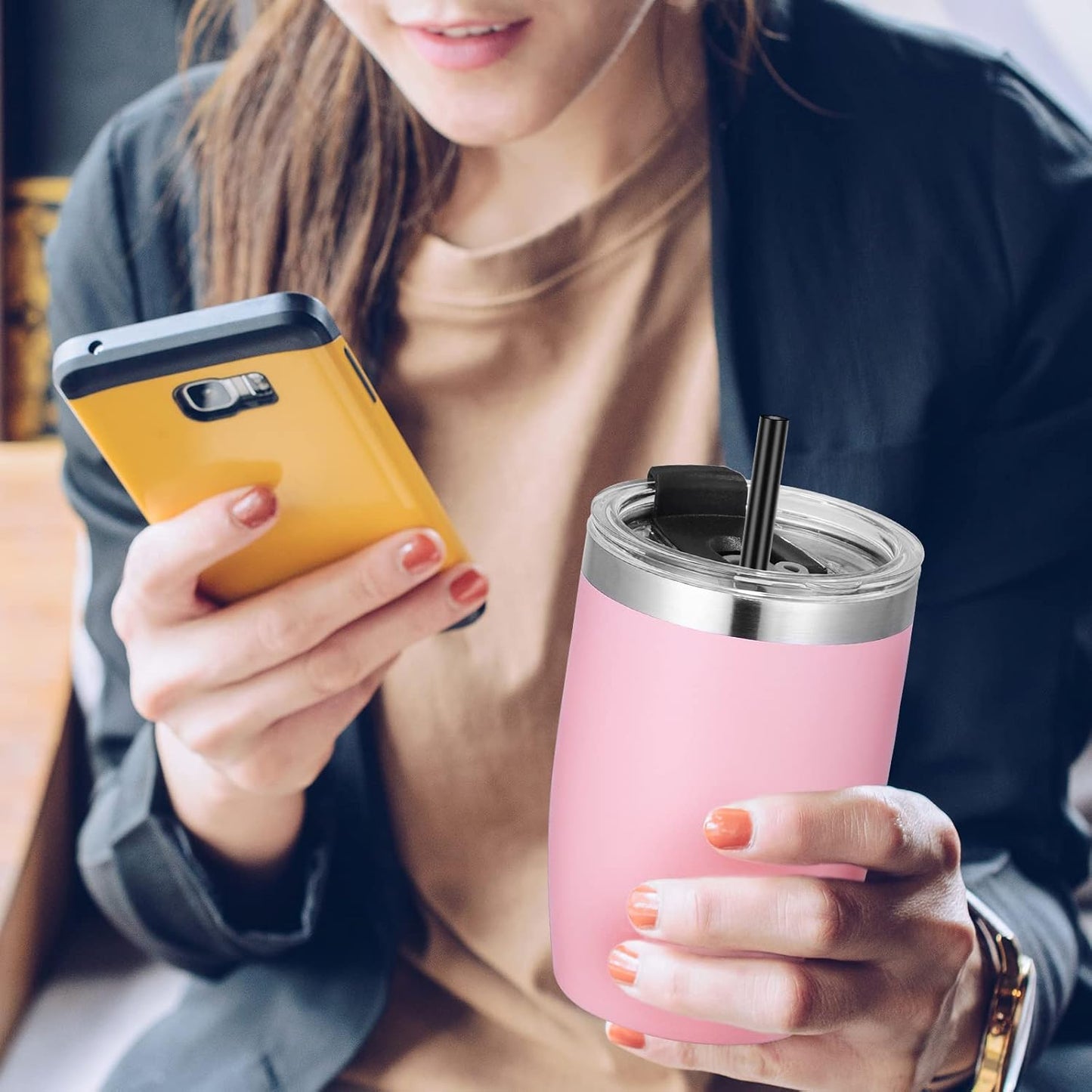 VEGOND Stainless Steel 12 oz Tumblers bulk Vacuum Insulated Double Wall Travel Tumbler with Lid and Straw Reusable Tumbler, Pink 6 pack