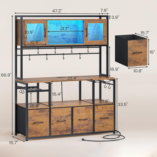 Itaar Bakers Rack with Power Outlet and LED Light, 47.2'' Microwave Stand with Storage, Kitchen Coffee Bar Cabinet with Glass Door, 4 Drawer, Wine Rack, Goblet Holder and 12 Hooks, Rustic Brown