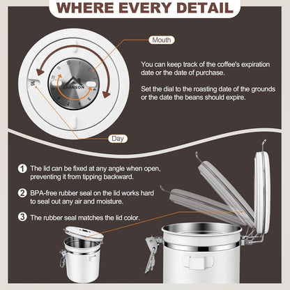 ShanSon Coffee Canister Airtight Stainless Steel Container,Home Kitchen Food Storage Organizers for Beans,Tea,Sugar,cookie,Flour,Cereal,11OZ+16OZ,White