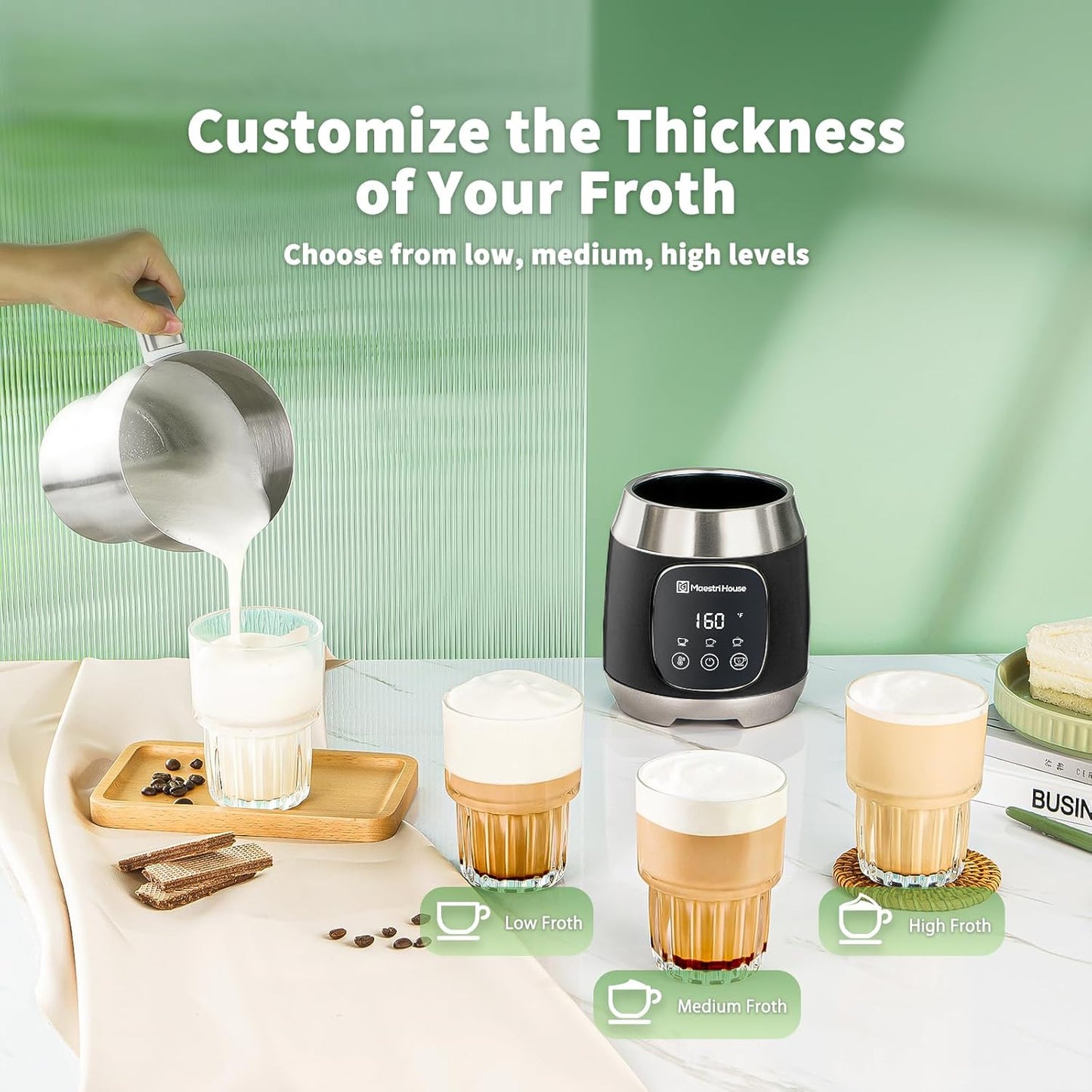 Maestri House Milk Frother, Variable Temp and Froth Thickness DualFro 600 Milk Frother Steamer, 21OZ Smart Touch Control Milk Warmer, Dishwasher Safe, Memory Function for Latte&Hot Chocolate (Black)