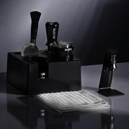 IKAPE 53MM Black Espresso Tool Set 8 IN 1, Coffee Tamper, Distributor, Magnetic Funnel, Puck Screen, Tamper Station, Stirrer Distribution Tool, Cleaning Towel and Brush