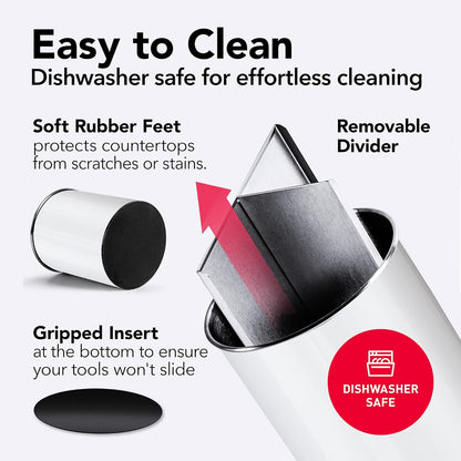 Rotating Extra Large Stainless Steel Utensil Holder Caddy with Sturdy No-Tip Weighted Base, Removable Divider, and Gripped Insert Bottom - Dishwasher Safe Metal Cooking Utensil Holder (White)