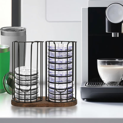 2-Compartment 18oz Coffee Cup Dispenser Rack with Wood Base, Disposable Cup, and Lid Organizer for Countertop - Perfect for Paper Cups, and Lid Organizer
