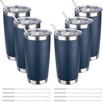 20oz Tumbler Bulk with Lid and Straw, Stainless Steel Double Wall Vacuum Insulated Travel Mug, Powder Coated Coffee Cups for Hot and Cold Drinks,Funny Gifts for Women Men(Navy Blue,6)
