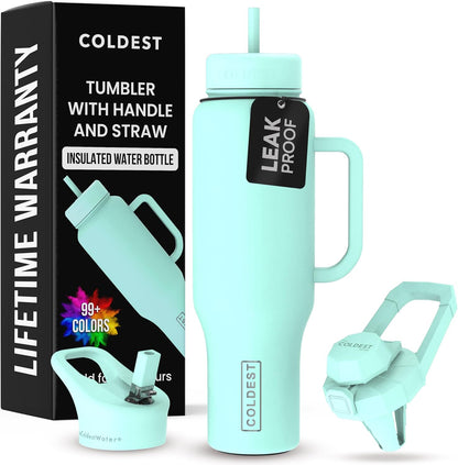 Coldest 40 oz Tumbler with Handle and Straw - 100% Leak Proof Insulated Tumbler with Lid and Straw (3 Lids) - Stainless Steel Tumblers for Women & Men - Cup Holder Friendly Base, 46 oz (Oceanic Green)