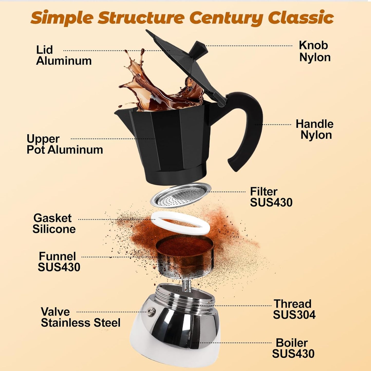 No Coating 4 Cup Aluminum and Stainless Steel Moka Pot Stovetop Espresso Maker Italian Coffee Machine 220ml 7.44oz Suitable for Gas Induction Stovetop Greca Coffee Maker Percolator Black