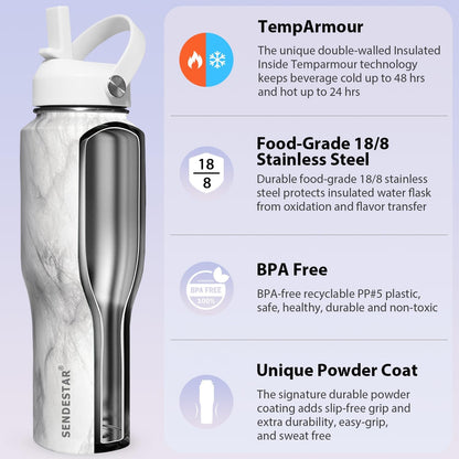 SENDESTAR 40oz Stainless Steel Water Bottle(Cold for 48 Hrs, Hot for 24 Hrs),Double Wall Vacuum Insulated Bottle with Straw Lid, Spout Lid and Flex Cap, Fit in Any Car Cup Holder TXIN-40-Marbling