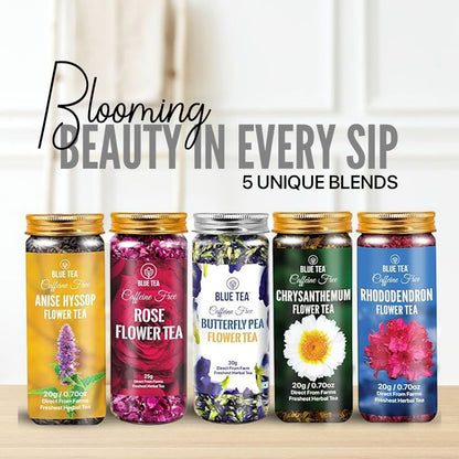 BLUE TEA - Flower Tea Combo - 4.05 Oz (Pack of 5) | VARIETY PACK | Combo Pack - Caffeine Free - Flower Based - Caffeine Free - Vegan - Non-Bitter - Non-GMO | Pet Jar Packs - Gift Box