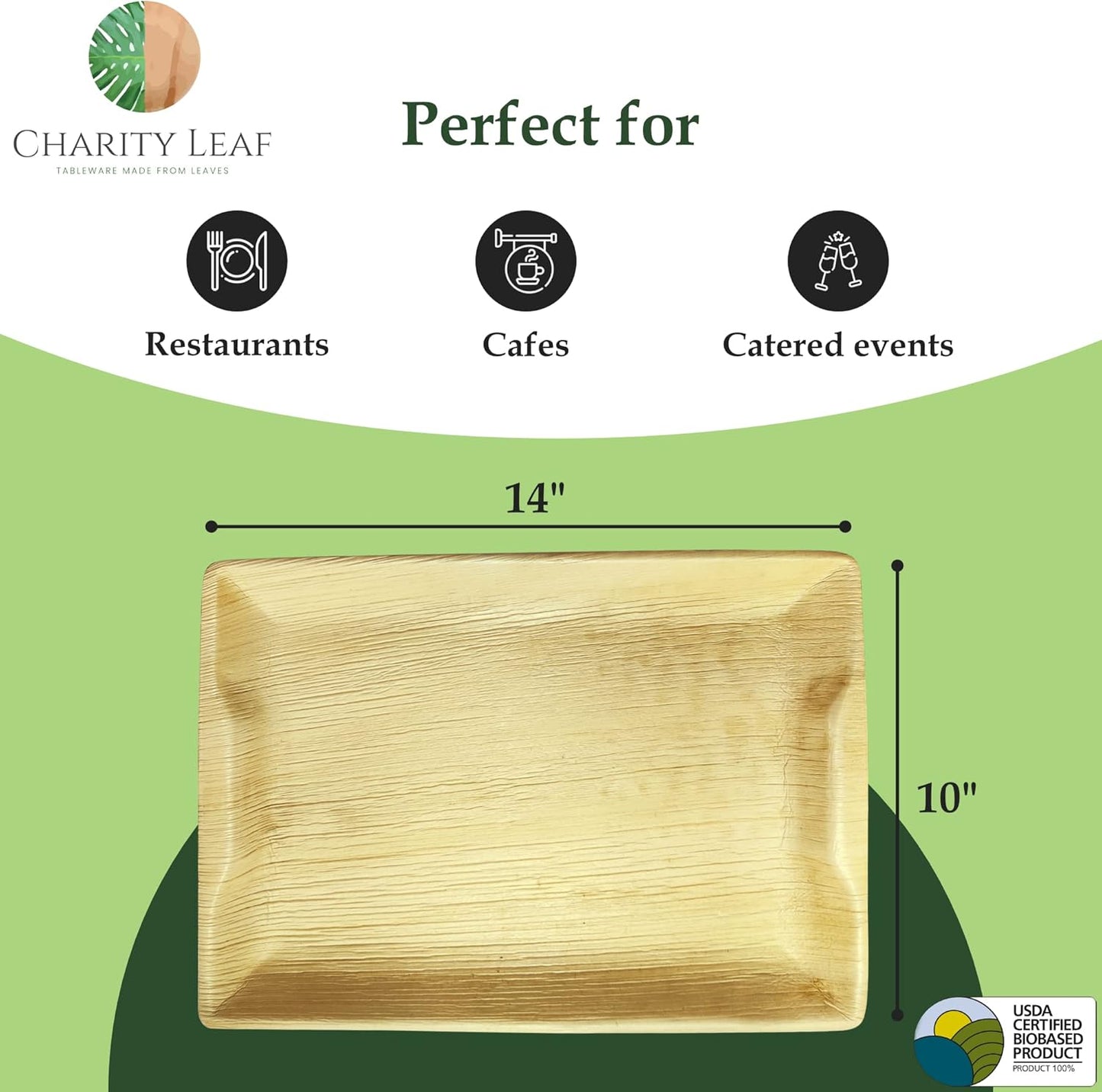 Charity Leaf Disposable Palm Leaf 14" x 10" Trays (10 pieces) Bamboo Like Serving Platters, Disposable Boards, Eco-Friendly Dinnerware For Weddings, Catering, Events