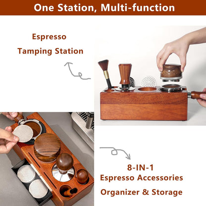 58mm Espresso Tamping Station - 8 in 1 Espresso Organizer for Storage 58mm Coffee Tamper, Distributor, Portafilter & Puck Screen Accessories, Wooden Tamper Station