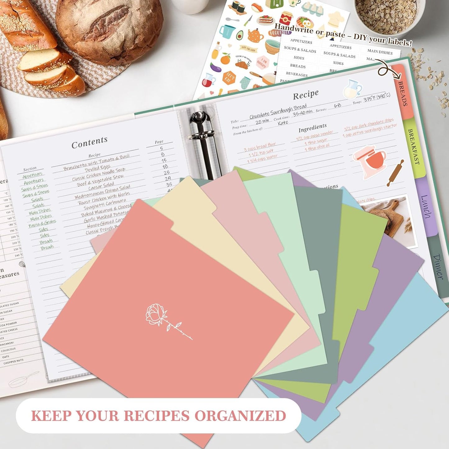 Lanpn Recipe Binder 8.5x11 3 Ring Kit, Waterproof Organizer Binder Recipe Book with 60 Plastic Sleeves,116 Recipes, Dividers,Labels & Stickers, Blank Cookbook to Write in Your Own Recipes, Leaf