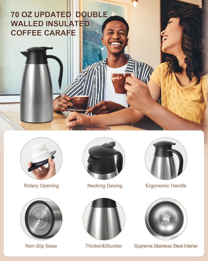70Oz Thermal Coffee Carafe for keeping hot, 2 PCS Updated Carafe for hot liquid, Insulated Coffee Carafe Stainless Steel Thermal Pot for Coffee, Hot Water,Keep Hot 12 Hours (silver+silver)