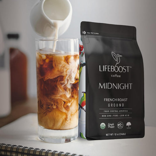 Lifeboost Midnight French Roast Coffee Ground - Non-GMO Single Origin USDA Organic Low Acid Coffee French Roast - Third Party Tested For Mycotoxins & Pesticides - 12 Ounces