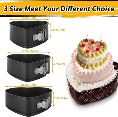 Springform Pan Set of 3 Heart Cake Pan, Heart Springform Pan with Removable Bottom, Springform Cake Pans Non-stick Bakeware for Cheesecakes, Pizza, and Quiches (7, 7.8, 8.6 inch)