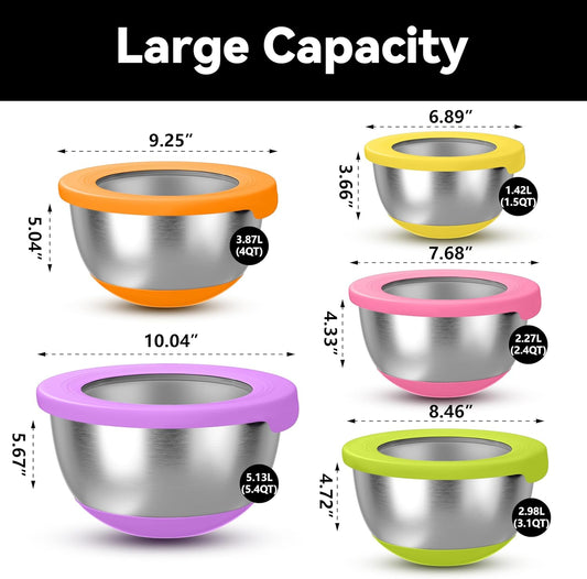 Stainless Steel Mixing Bowls with Lids – Set of 5 Large Nesting Metal Bowls for Kitchen, Baking, Cooking, Food Prep & Storage, Non-Slip Base, Dishwasher Safe, Multicolor