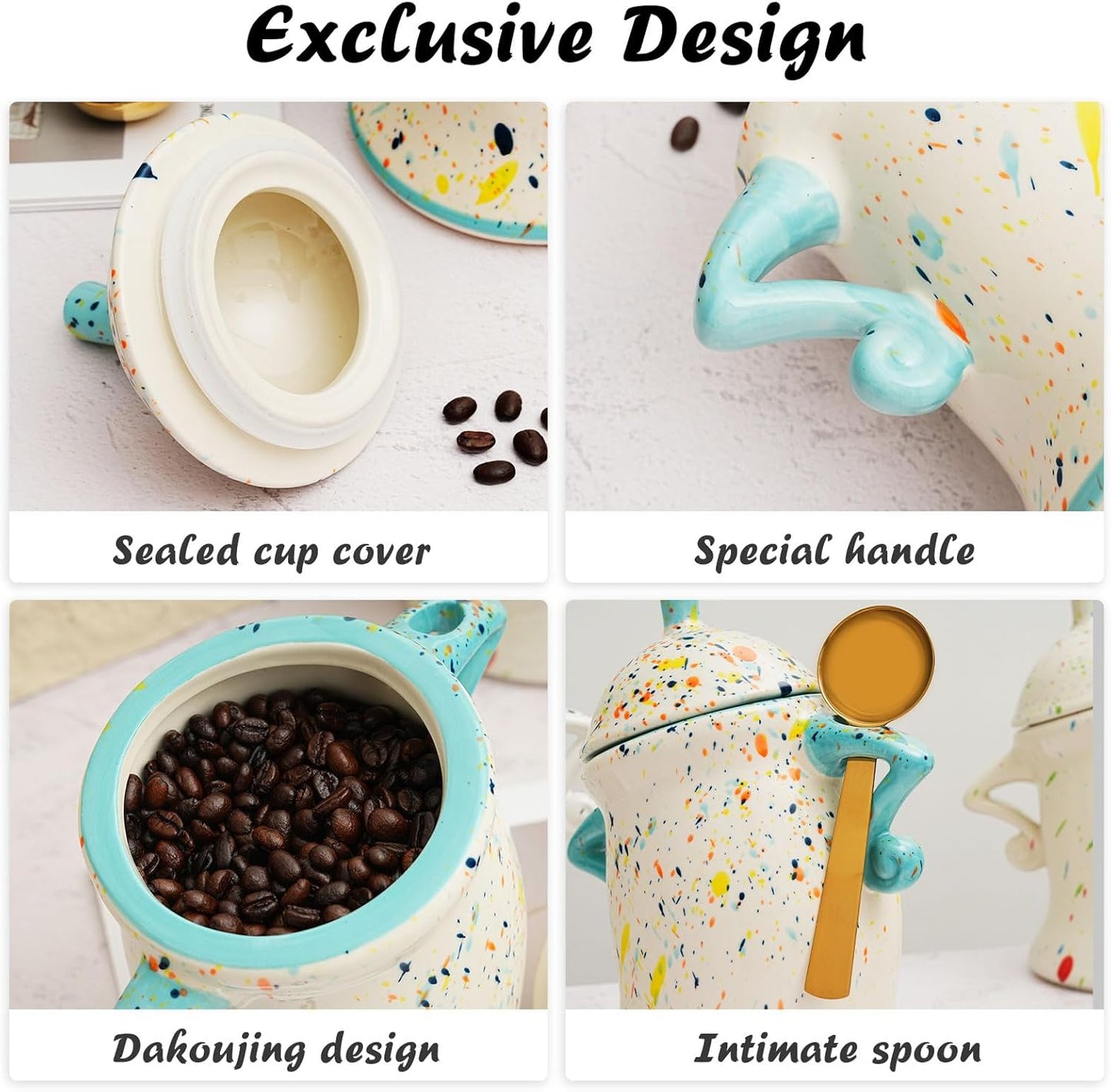 Canister With Attitude,Large Capacity Cute Sassy Storage Canister,Interesting food jars, stylish airtight large ceramic lids, coffee, tea, sugar and spice storage jars with spoons (Blue)