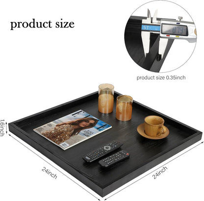 Square Ottoman Table Tray 24" - Rustic Wooden Serving Tray for Farmhouse Decorative Oversized Coffee Table Trays Living Room Kitchen Counter Breakfast Black