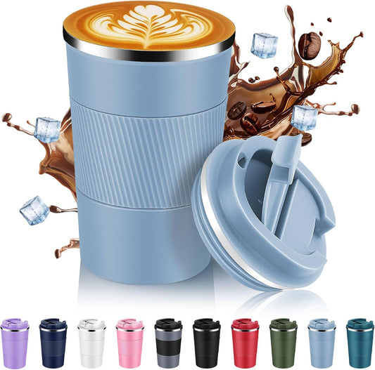Volhoply 13 oz Stainless Steel Insulated Travel Coffee Mug with Fip Lid,Reusable Double Wall Vacuum Metal Coffee Cup,Portable to Go Leak Proof Cafe Thermal Tumbler for Hot & Cold Drinks(Fog,1)