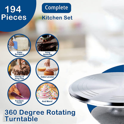 204 PCS Cake Decorating Kit, Aluminum Rotating Turntable Stand, Baking Supplies Kit Set with 4 Springform Pan Sets, 55 Icing Piping Nozzles, Cake Topper, Icing Spatula, Scraper, Pro Baking Tools
